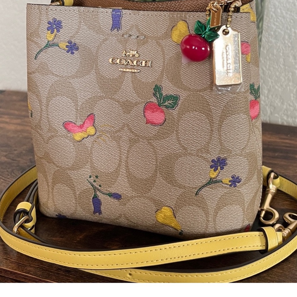 🆕 Coach Mini Town Bucket Bag In Signature Canvas With Dreamy Veggie Print